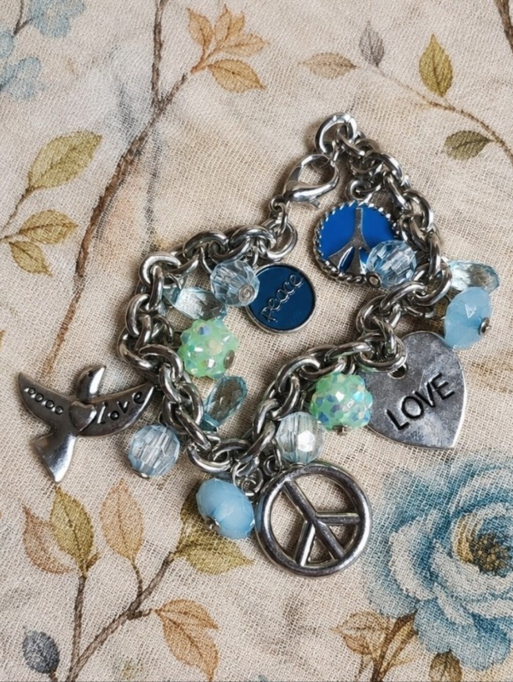 Charm Bracelet Silver Tone Acrylic Teardrop Stones Love Light Peace Tiara Crown